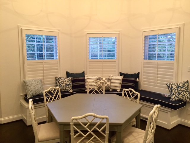 Split tilt plantation shutters installed in kitchen bay windows in Tennessee home